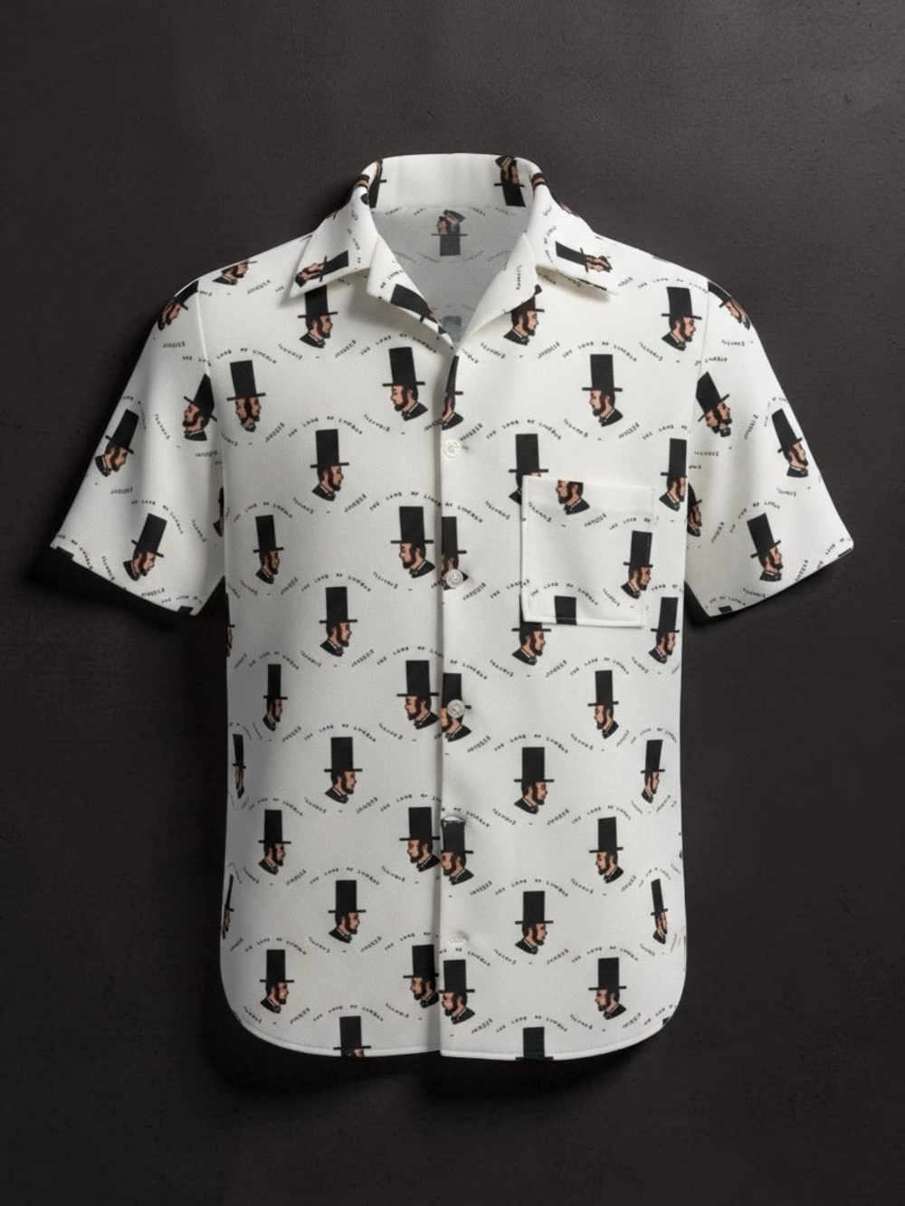 Abraham Lincoln White Short-Sleeve Camp Collar Shirt with Printed Top Hat Motif